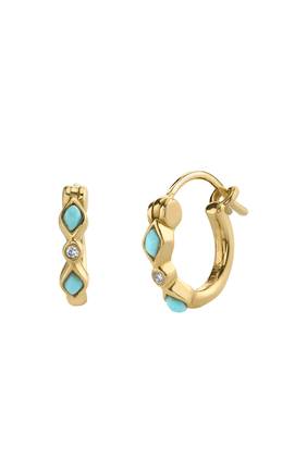 Kids Huggie Earrings, 14k Yellow Gold Diamonds & Turquoise